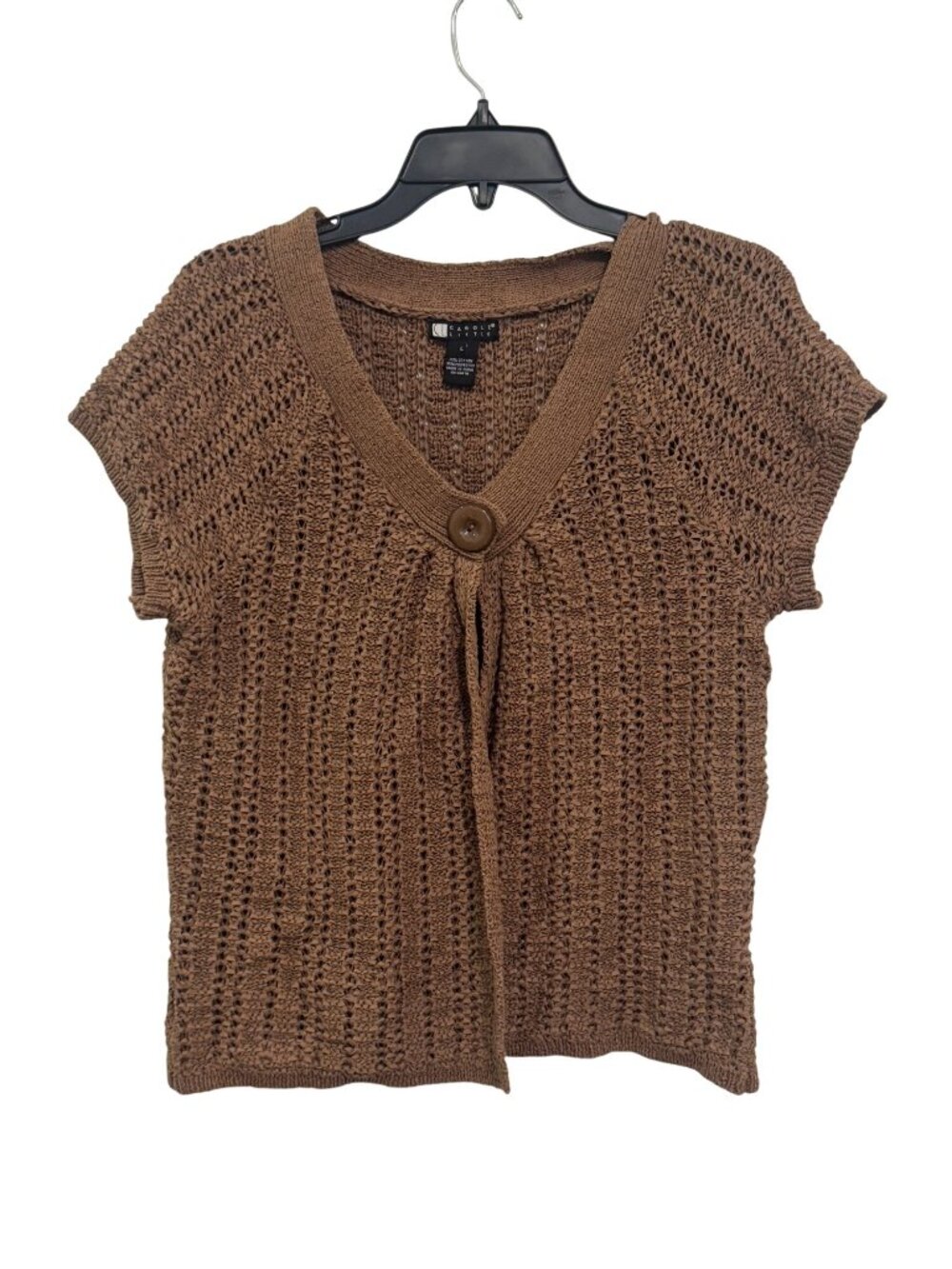 Carole Little Womens Brown Short Sleeve Open Knit Button Cardigan L